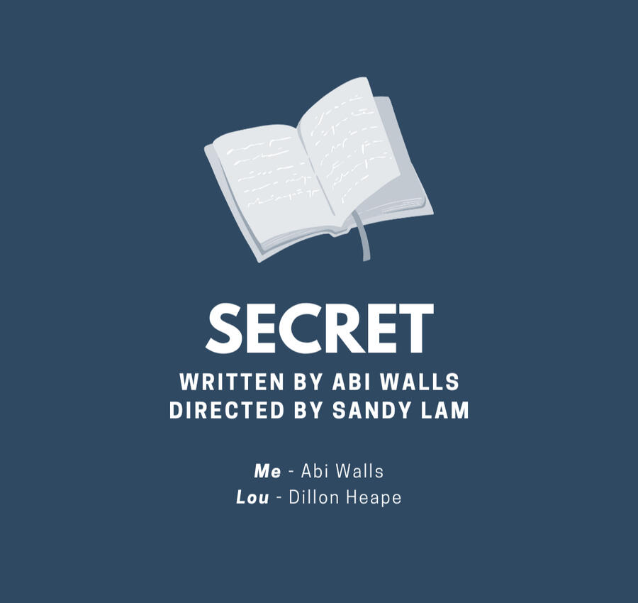 A picture of an open journal with scribbled words on it. The text below it reads: Secret. Written by Abi Walls. Directed by Sandy Lam. Me played by Abi Walls. Lou played by Dillon Heape.