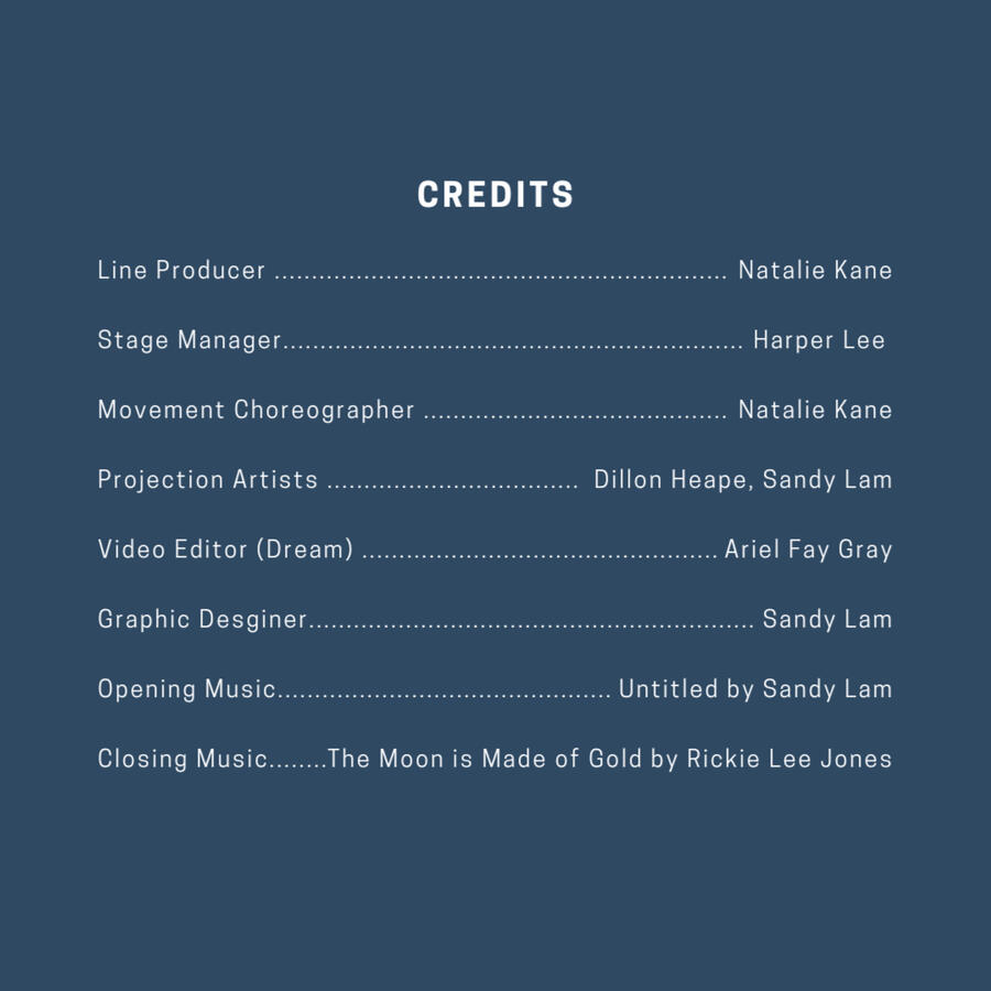 White text on a navy background. Credits. Line Producer. Natalie Kane. Stage Manager. Harper Lee. Movement Choreographer. Natalie Kane. Projection Artists. Dillon Heape, Sandy Lam. Video Editor (Dream.) Ariel Fay Gray. Graphic Designer. Sandy Lam. Opening
